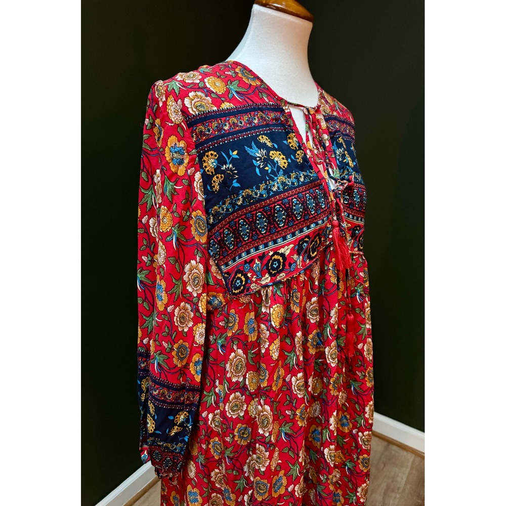R Vivimos Red Floral Bohemian Hippie Cottagecore Long Sleeve Maxi Dress Med - Picture 3 of 8